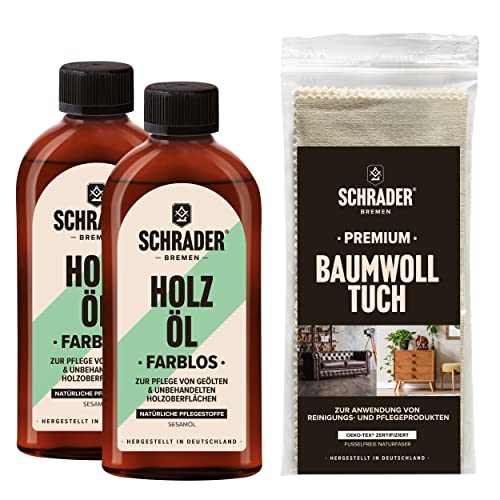 SCHRADER Holzöl Set - farbloses Pflegeöl für Holzmöbel und Holzoberflächen mit Poliertuch - 3-teilig - Made in Germany von Schrader Bremen