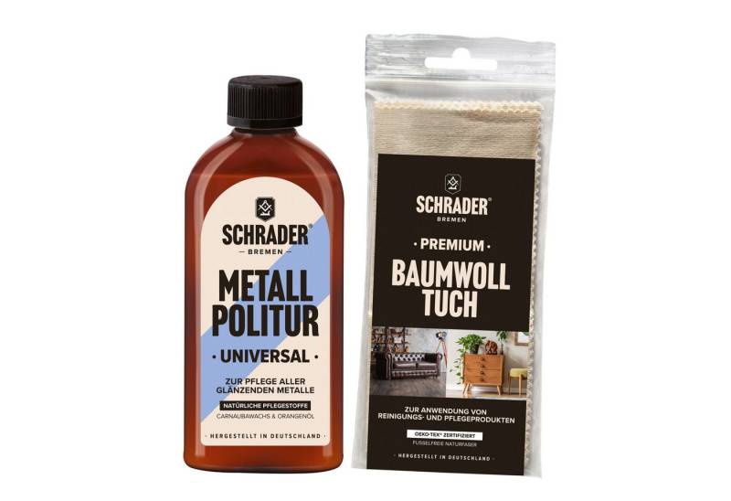 Schrader Metall Politur + Baumwolltuch - 250ml Politur, zum Polieren unlackierter und glänzender Metalle - Made in Germany von Schrader