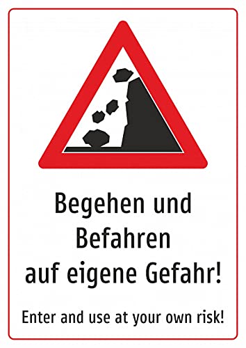 Schild: Achtung Steinschlag - Begehen und Befahren auf eigene Gefahr - 210x297mm einseitiger Druck | Aluverbund Schild: Achtung Steinschlag - Begehen und Befahren auf eigene Gefahr - 210x297mm einseitiger Druck | Aluverbund von Schrall