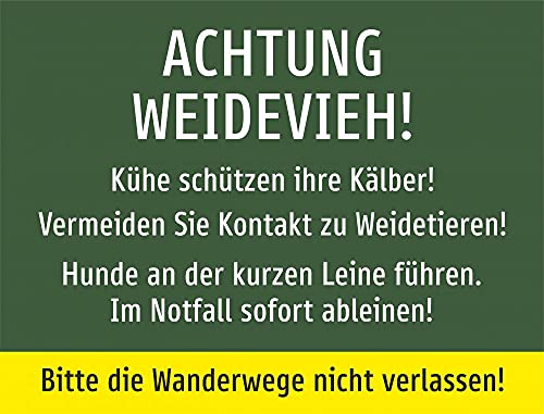 Schild: Achtung Weidevieh grün - Wanderwege nicht verlassen - A4, 210x297mm | Aluverbundplatte von Schrall