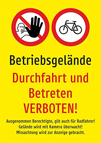 Schild: Betriebsgelände - Durchfahrt und Betreten verboten GELB - A3, 297x420mm | Aluverbundplatte Schild: Betriebsgelände - Durchfahrt und Betreten verboten GELB - A3, 297x420mm | Aluverbundplatte von Schrall