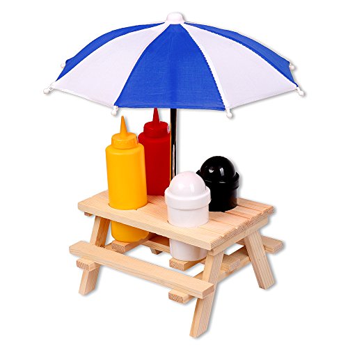 Schramm® Gewürzständer Picknicktisch mit Sonnenschirm Menage Senf Ketchup Salz Pfeffer Spender BBQ Menage Gewürzhalter Gewürzregal 6-teiliges Set von Schramm