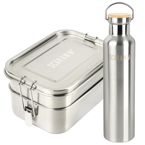 Schramm® Lunchbox und Trinkflasche Edelstahl im Set Thermosflasche Edelstahl Trinkflasche 750ml Brotdose Thermoflasche 1340ml Lunch-Set Metall von Schramm