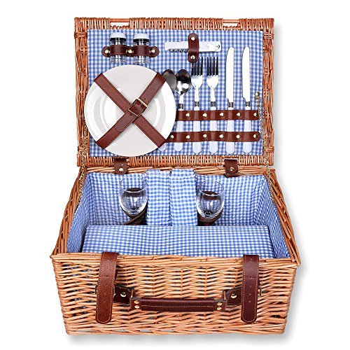 Schramm® Picknickkorb 40x30x20cm rechteckig aus Weidenholz für 2 Personen Picknickkoffer Picknickset Picknick Korb innen blau kariert von Schramm