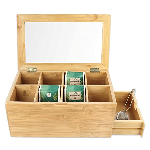Schramm® Teebox aus Bambus mit Deckel ca. 31 x 19 x 14 cm mit Sichtfenster 8 Fächer und Schublade Teebeutelbox Teekasten Tee Box von Schramm