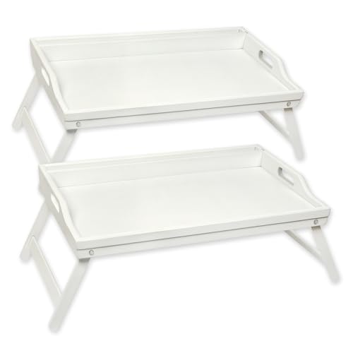 Schramm Rocco e.K. 2 Stück Frühstückstablett Bambus Tablett wählbar in 2 Bambustablett klappbar Serviertablett Frühstück Betttablett mit Tabletthalterung Ablagefach, Farbe:Weiss von Schramm