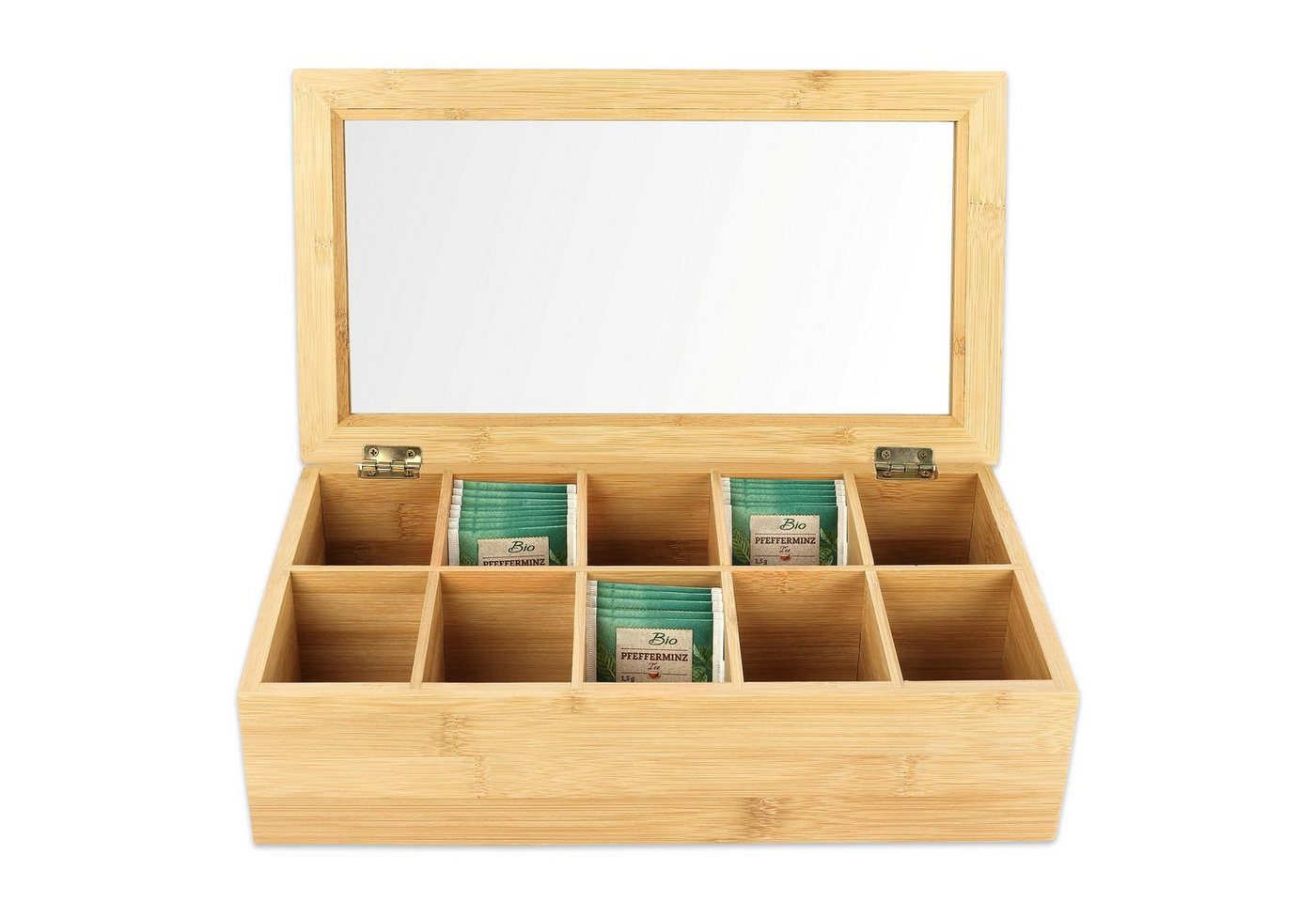 Schramm Teebox Schramm® Teebox aus Bambus Tee Box Deckel 36x20x9cm mit 10 Fächern Teekiste mit Sichtfenster Teebeutelbox Teekasten Tee Box von Schramm