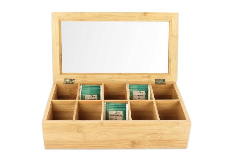 Schramm Teebox Schramm® Teebox aus Bambus Tee Box Deckel 36x20x9cm mit 10 Fächern Teekiste mit Sichtfenster Teebeutelbox Teekasten Tee Box von Schramm