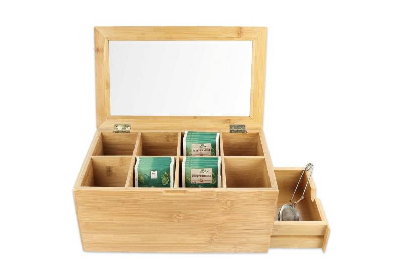 Schramm Teebox Schramm® Teebox aus Bambus mit Deckel ca. 31 x 19 x 14 cm mit Sichtfenster 8 Fächer und Schublade Teebeutelbox Teekasten Tee Box von Schramm