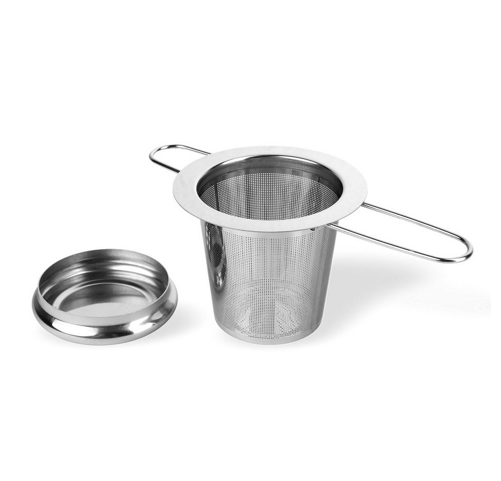 Schramm Teesieb Schramm® Edelstahl Teesieb mit Deckel Abtropfschale Teefilter ideal für losen Tee passend für Tasse und Kanne mit langem Griff faltbar von Schramm