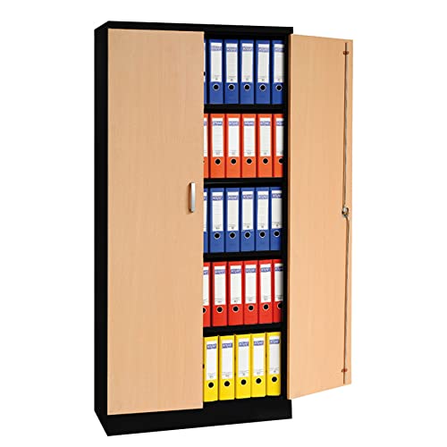 Aktenschrank Stahlschrank Büroschrank mit Dekor-Flügeltüren in Holzoptik, 195x92x42, Schwarz/Buche von Schrank & Stuhl