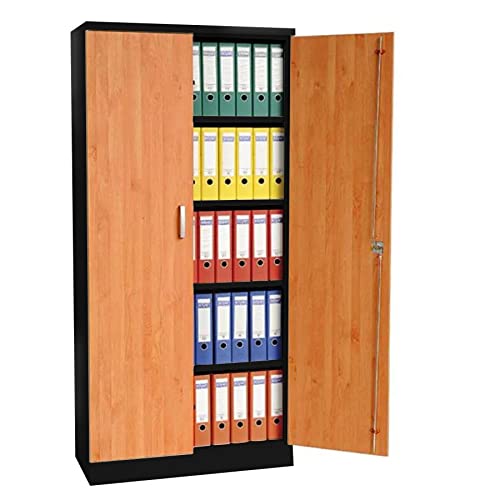 Aktenschrank Stahlschrank Büroschrank mit Dekor-Flügeltüren in Holzoptik, 195x92x42, Schwarz/Erle von Schrank & Stuhl