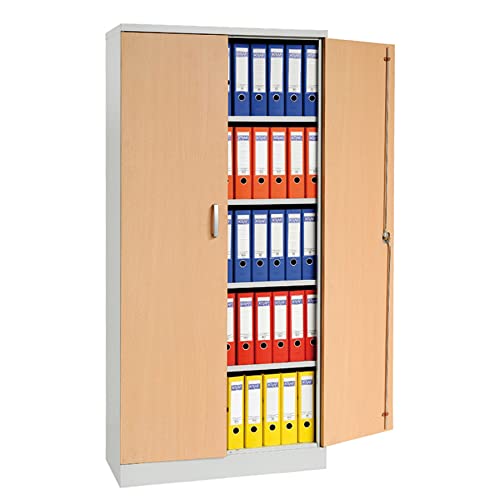 Aktenschrank Stahlschrank Büroschrank mit Dekor-Flügeltüren in Holzoptik, 195x92x42cm, Grau/Buche von Schrank & Stuhl