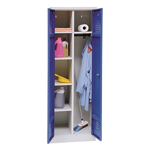 Mehrzweckschrank | Besenschrank mit Durchgehender Trennwand, Hakenleiste und 7 Fächern 180x60x50, Drehriegelverschluss, komplett montiert, Grau/Blau von Schrank & Stuhl
