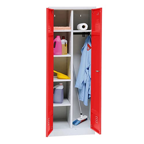 Schrank & Stuhl Mehrzweckschrank | Besenschrank mit Durchgehender Trennwand, Hakenleiste und 7 Fächern 180x80x50, Drehriegelverschluss, komplett montiert, Grau/Rot Schrank & Stuhl Mehrzweckschrank | Besenschrank mit Durchgehender Trennwand, Hakenleiste und 7 Fächern 180x80x50, Drehriegelverschluss, komplett montiert, Grau/Rot von Schrank & Stuhl