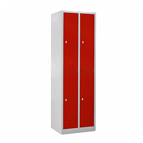 Schrank & Stuhl Spind – Metallspind mit 2 x 2 Abteilen 195 x 60 x 50 cm, Schließfachschrank mit Drehriegelvorrichtungen, Lieferung komplett montiert, Grau/Rot von Schrank & Stuhl