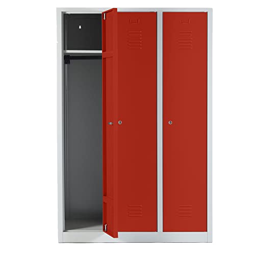 Schrank & Stuhl Spind – Metallspind mit 3 Abteilen in 180 x 120 x 50 cm, Schließfachschrank mit Hutboden & Zylinderschlössern, Lieferung komplett montiert, Grau/Rot von Schrank & Stuhl