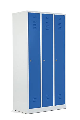 Schrank & Stuhl Spind – Metallspind mit 3 Abteilen in 180 x 90 x 50 cm, Schließfachschrank mit Hutboden & Drehriegelverschlüssen, Lieferung komplett montiert, Grau/Blau von Schrank & Stuhl