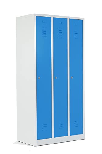 Schrank & Stuhl Spind – Metallspind mit 3 Abteilen in 180 x 90 x 50 cm, Schließfachschrank mit Hutboden & Drehriegelverschlüssen, Lieferung komplett montiert, Grau/Lichtblau von Schrank & Stuhl