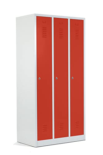 Schrank & Stuhl Spind – Metallspind mit 3 Abteilen in 180 x 90 x 50 cm, Schließfachschrank mit Hutboden & Drehriegelverschlüssen, Lieferung komplett montiert, Grau/Rot von Schrank & Stuhl