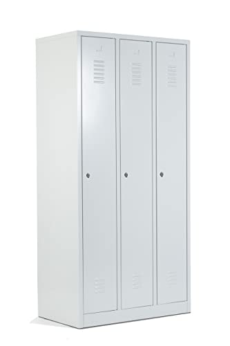 Schrank & Stuhl Spind – Metallspind mit 3 Abteilen in 180 x 90 x 50 cm, Schließfachschrank mit Hutboden & Drehriegelverschlüssen, Lieferung komplett montiert, Grau von Schrank & Stuhl