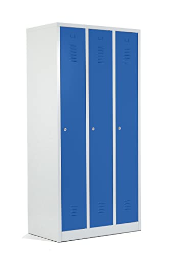 Schrank & Stuhl Spind – Metallspind mit 3 Abteilen in 180 x 90 x 50 cm, Schließfachschrank mit Hutboden & Zylinderschlössern, Lieferung komplett montiert, Grau/Blau Schrank & Stuhl Spind – Metallspind mit 3 Abteilen in 180 x 90 x 50 cm, Schließfachschrank mit Hutboden & Zylinderschlössern, Lieferung komplett montiert, Grau/Blau von Schrank & Stuhl