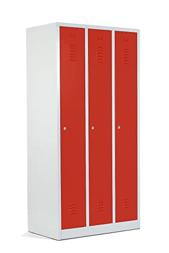 Schrank & Stuhl Spind – Metallspind mit 3 Abteilen in 180 x 90 x 50 cm, Schließfachschrank mit Hutboden & Zylinderschlössern, Lieferung komplett montiert, Grau/Rot von Schrank & Stuhl