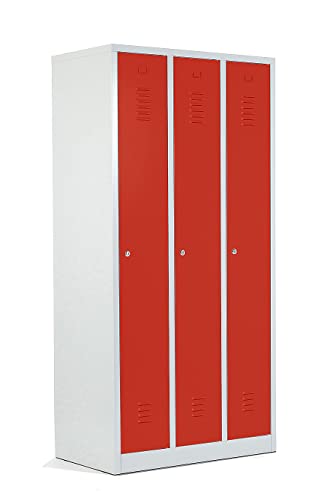 Schrank & Stuhl Spind – Metallspind mit 3 Abteilen in 180 x 90 x 50 cm, Schließfachschrank mit Hutboden & Zylinderschlössern, Lieferung komplett montiert, Grau/Rot Schrank & Stuhl Spind – Metallspind mit 3 Abteilen in 180 x 90 x 50 cm, Schließfachschrank mit Hutboden & Zylinderschlössern, Lieferung komplett montiert, Grau/Rot von Schrank & Stuhl
