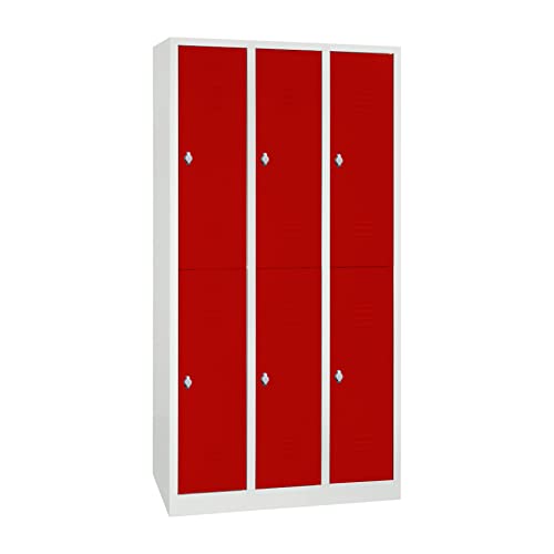 Schrank & Stuhl Spind – Metallspind mit 3 x 2 Abteilen 195 x 90 x 50 cm, Schließfachschrank mit Drehriegelvorrichtungen, Lieferung komplett montiert, Grau/Rot von Schrank & Stuhl