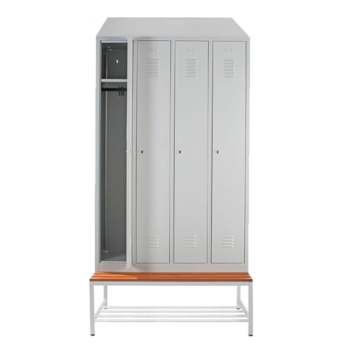 Schrank & Stuhl Spind – Metallspind mit 4 Abteilen, Sitzbank mit Schuhrost und Schrägdach - 30 cm Abteilbreite, 240 x 117 x 80 cm, Schließfachschrank mit Hutboden & Zylinderschlössern, Grau von Schrank & Stuhl