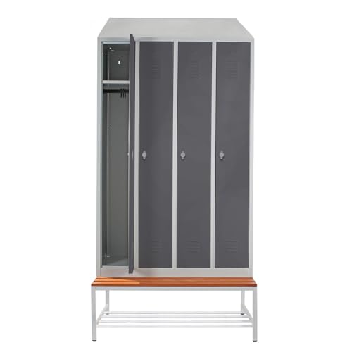 Schrank & Stuhl Spind – Metallspind mit 4 Abteilen, Sitzbank mit Schuhrost & Schrägdach - 30cm Abteilbreite, 240 x 117 x 80cm, Schließfachschrank mit Hutboden & Drehriegelverschlüssen, Grau/Anthrazit von Schrank & Stuhl