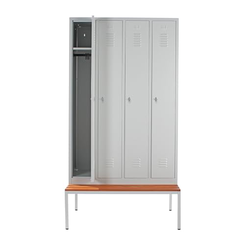 Schrank & Stuhl Spind – Metallspind mit 4 Abteilen und Sitzbank - 30 cm Abteilbreite, 220 x 117 x 80 cm, Schließfachschrank mit Hutboden & Drehriegelverschlüssen, Grau von Schrank & Stuhl