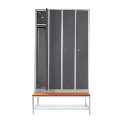 Schrank & Stuhl Spind – Metallspind mit 4 Abteilen und Sitzbank mit Schuhrost - 30 cm Abteilbreite, 220 x 117 x 80 cm, Schließfachschrank mit Hutboden & Zylinderschlössern, Grau/Anthrazit von Schrank & Stuhl