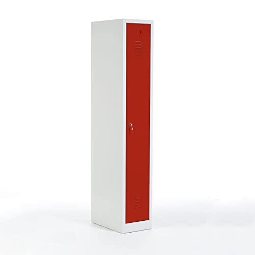 Schrank & Stuhl Spind – Metallspind mit einem Abteil in 180 x 31,5 x 50 cm, Schließfachschrank mit Hutboden & Zylinderschloss, Lieferung komplett montiert, Grau/Rot Schrank & Stuhl Spind – Metallspind mit einem Abteil in 180 x 31,5 x 50 cm, Schließfachschrank mit Hutboden & Zylinderschloss, Lieferung komplett montiert, Grau/Rot von Schrank & Stuhl