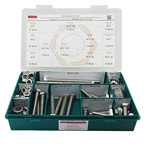 Sortiment M12 DIN 933 Edelstahl A4 (V4A) Sechskantschrauben mit Gewinde bis Kopf - Set bestehend aus Schrauben, Unterlegscheiben (DIN 125, 127, 9021) und Muttern (DIN 934, 985) - 103 Teile von Schrauben-Niro.de