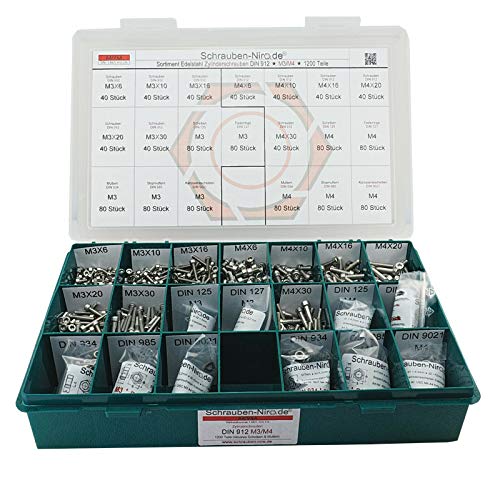 Sortiment M3 + M4 DIN 912 Edelstahl A4 (V4A) Zylinderschrauben (Innensechskant) - Set bestehend aus Schrauben, Unterlegscheiben (DIN 125, 127, 9021) und Muttern (DIN 934, 985) - 1200 Teile von Schrauben-Niro.de