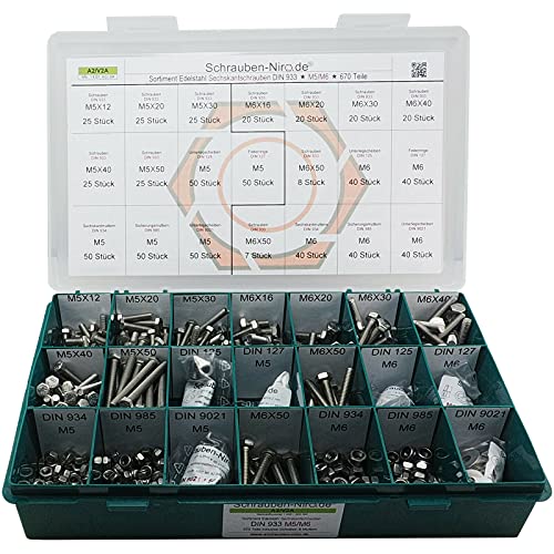 Sortiment M5 + M6 DIN 933 Edelstahl A2 (V2A) Sechskantschrauben mit Gewinde bis Kopf - Set bestehend aus Schrauben, Unterlegscheiben (DIN 125, 127, 9021) und Muttern (DIN 934, 985) - 670 Teile von Schrauben-Niro.de