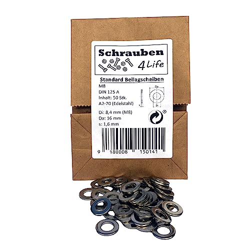 Standard Unterlegscheiben M8 Edelstahl 50Stk. - Plastikfreiverpackt Schrauben4Life - A2-70, DIN125 Edelstahl, Unterlegscheiben für Industrie, Garten und Haus (50, M8) von Schrauben4Life