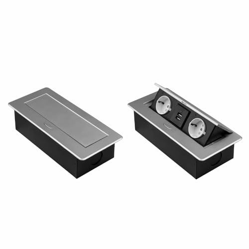 Einbausteckdose Modell: A - 2x Schuko + USB Schutzkontakt Steckdose versenkbar klappbar für Möbel Tische, Böden | 11 Modelle in Schwarz oder Silber zur Auswahl von Schürberg