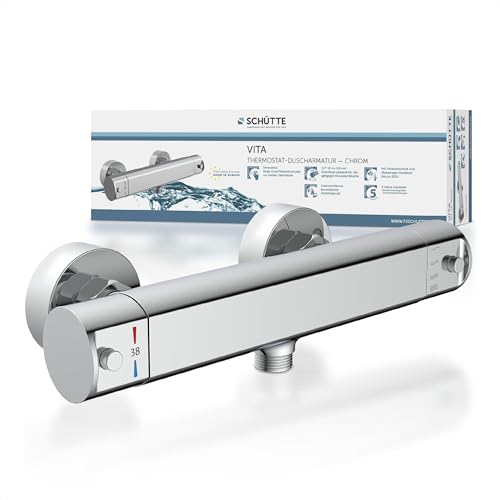 SCHÜTTE 52425 VITA Thermostat Duscharmatur, Brausethermostat Brausearmatur, Mischbatterie mit Verbrühschutz bei 38℃, Duschthermostat, extra flache Armatur für die Dusche in Chrom von Schütte