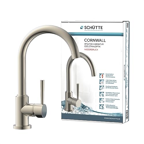 SCHÜTTE 79129 CORNWALL Küchenarmatur Niederdruck, Spültischarmatur mit hohem Auslauf, Einhebelmischer, energiesparend, 360 ° schwenkbar, Wasserhahn Küche, Armatur Spüle, Edelstahl von Schütte