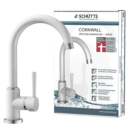 SCHÜTTE 79136 CORNWALL Spültischarmatur, Wasserhahn Küche, Energiesparfunktion, 360° schwenkbar, ideal auch für Doppelspülbecken, Weiß von Schütte