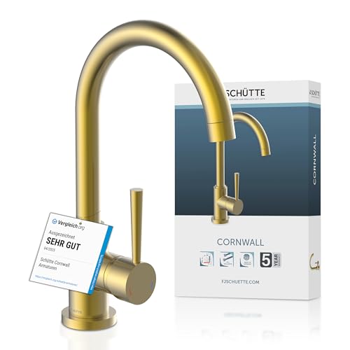 SCHÜTTE 79167 Küchenarmatur Cornwall, 360 Grad schwenkbarer Wasserhahn Küche, Mischbatterie für die Spüle mit Einhebelmischer, Spültischarmatur Küchenspüle, Gold von Schütte