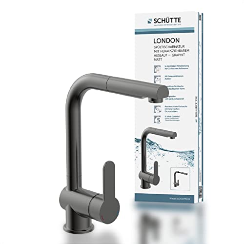 SCHÜTTE 79720 LONDON Küchenarmatur mit ausziehbarer Brause, Wasserhahn für die Küche mit Energiesparfunktion, Mischbatterie mit Einhebelmischer, Spültischarmatur, Matt Graphit von Schütte