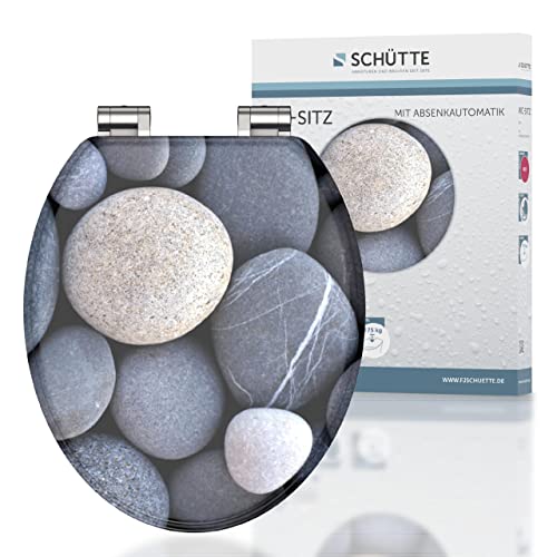 SCHÜTTE WC-Sitz Holzkern GREY STONES, Toilettensitz mit Absenkautomatik, passend für viele handelsübliche WC-Becken, maximale Belastung der Klobrille 150 kg, Motiv Steine auf Brille und Deckel 80130 von Schütte