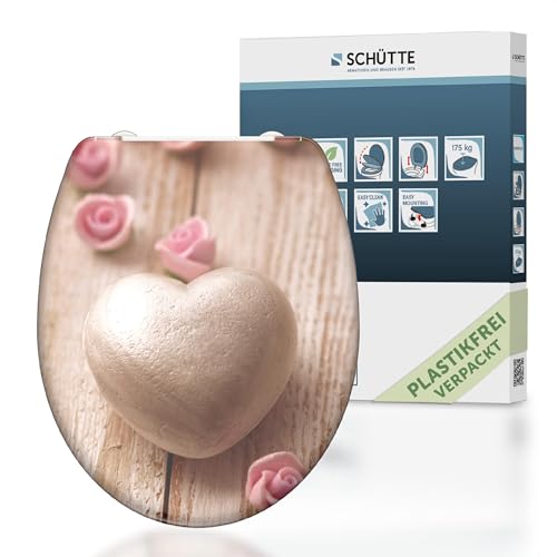 SCHÜTTE WC-Sitz Duroplast ROMANTIC, Toilettensitz mit Absenkautomatik und Schnellverschluss für die einfache Reinigung, maximale Belastung der Klobrille 150 kg, Motiv Herz 82370 von Schütte