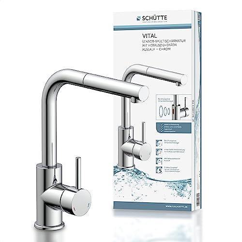 SCHÜTTE 99700 VITAL Sensor-Spültischarmatur Küche, Küchenarmatur mit ausziehbarer Brause, automatischer Wasserhahn mit Sensor, Mischbatterie für die Spüle, berührungslose Infrarot-Armatur Chrom von Schütte