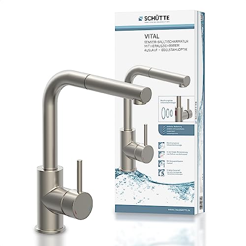 SCHÜTTE 99705 VITAL Sensor-Spültischarmatur Küche, Küchenarmatur mit ausziehbarer Brause, automatischer Wasserhahn mit Sensor, Mischbatterie Spüle, berührungslose Infrarot-Armatur Edelstahl von Schütte