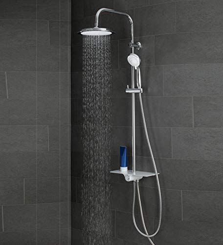 SCHÜTTE AQUASTAR Duschset Regendusche mit Ablage, Duschsystem mit 5-fach verstellbarer Handbrause, Duschsäule mit Duschkopf, Duschset in Chrom/Weiß von Schütte