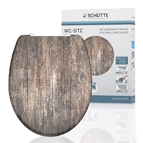 SCHÜTTE WC-Sitz Duroplast OLD WOOD, Toilettensitz mit Absenkautomatik und Schnellverschluss für die einfache Reinigung, max. Belastung der Klobrille 150 kg, Motiv Holz-Optik 82368 von Schütte